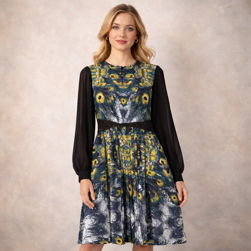 Nicole Richie Impulse Peacock Print‎ Dress Sheer Womens Size 2 Whimsigoth Fairy